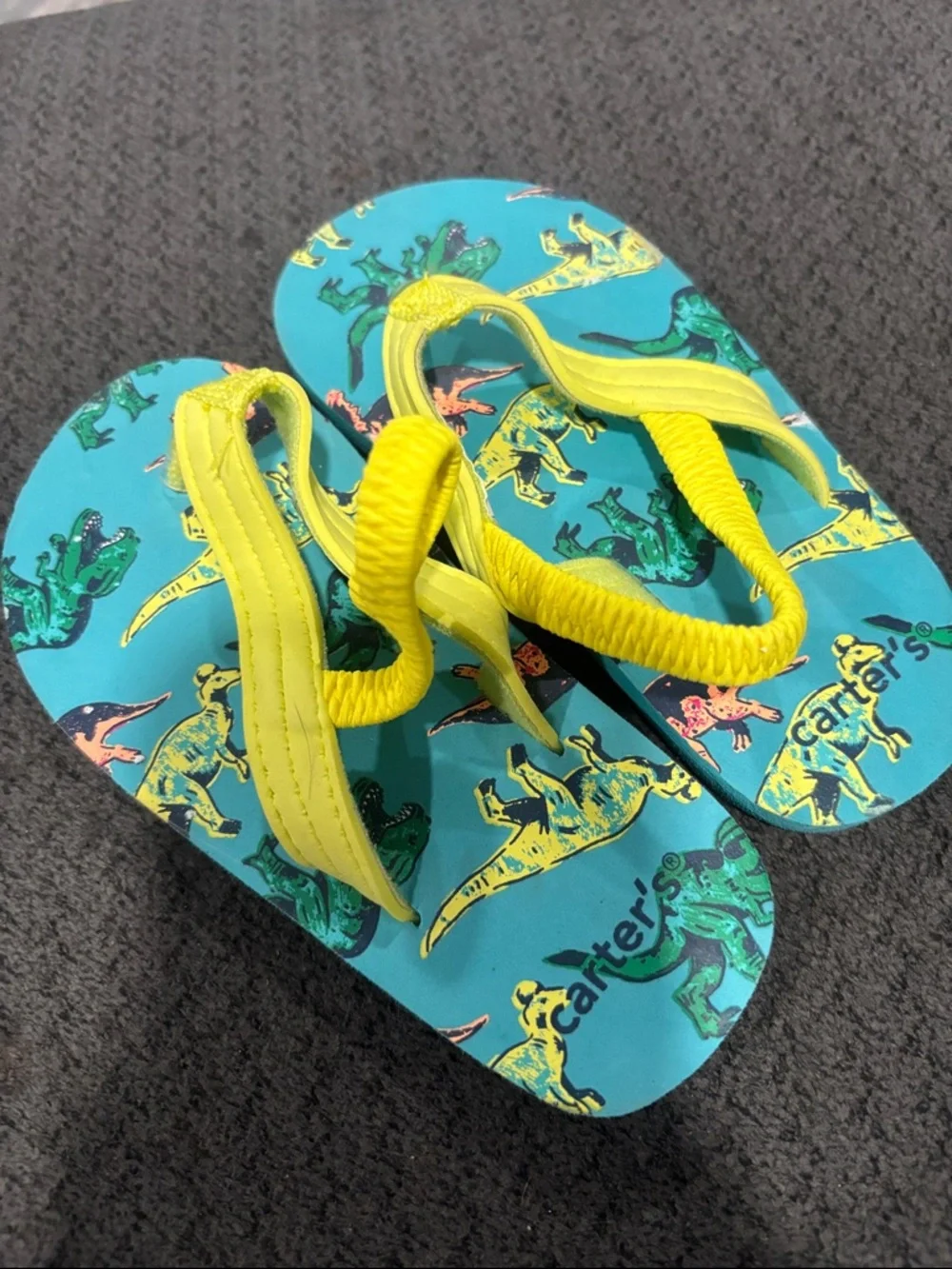 🟢10/$10 - Carter's Bright Yellow Strap Teal Dino Flip Flops